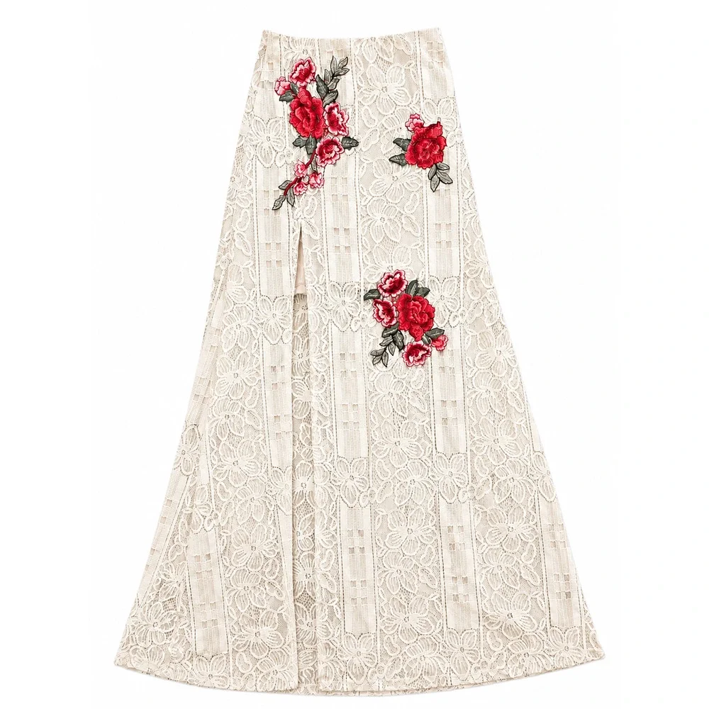 Lulu’s Ivory Lace Rose Embroidered Festival Maxi Skirt Boho Small